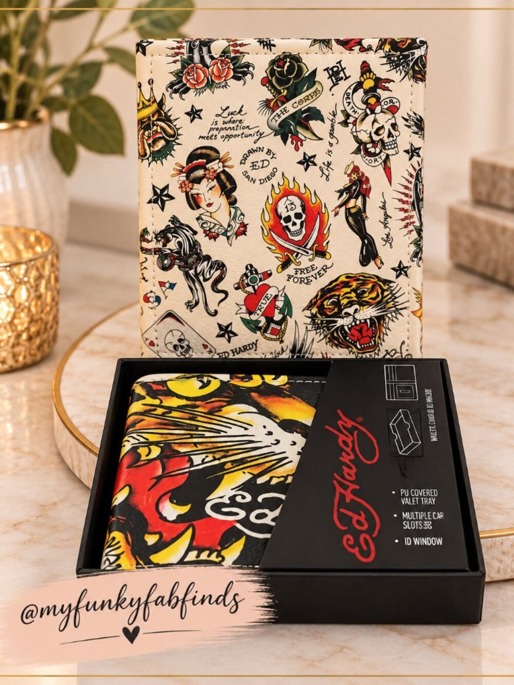 Ed Hardy Men’s Bifold Wallet & Valet Tray Gift Set Tattoo Flash Print